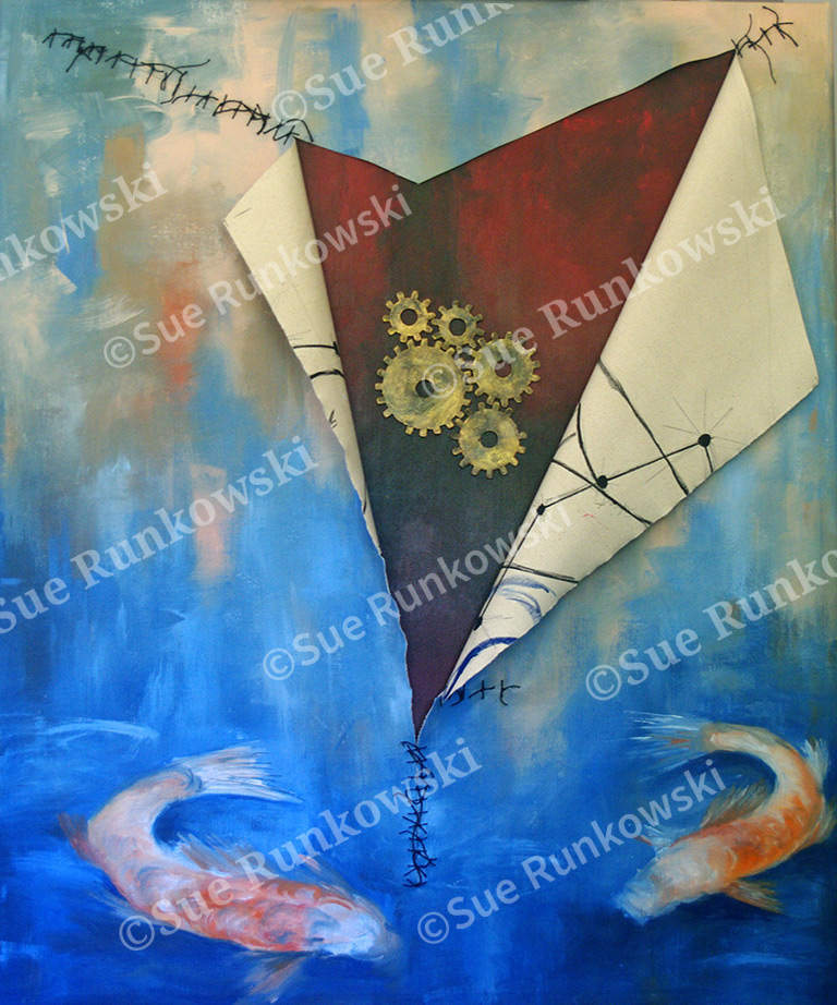 Mixed-media painting of a koi pond ripped and stitched over a painting of the inside of the body with gears in place of a heart.