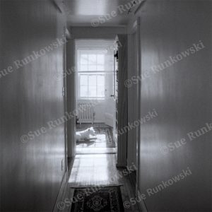 Moody black-and-white fine art photograph of a quiet hallway leading to a sunlit room, where a white dog rests.