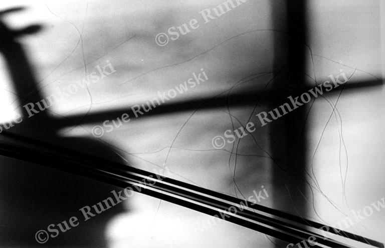Black-and-white abstract minimalist photograph featuring shadows of a violin, violin bow, and window muntins.
