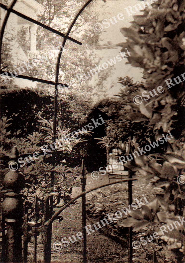 Sepia-toned garden photo gravure print of a wrought iron archway and lush foliage, evoking a quiet, atmospheric New Orleans garden scene.