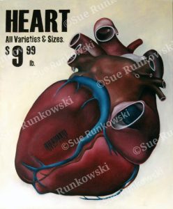 An oil painting of a human heart displayed like a grocery item, with pricing text and barcode, a thought-provoking anatomical artwork.
