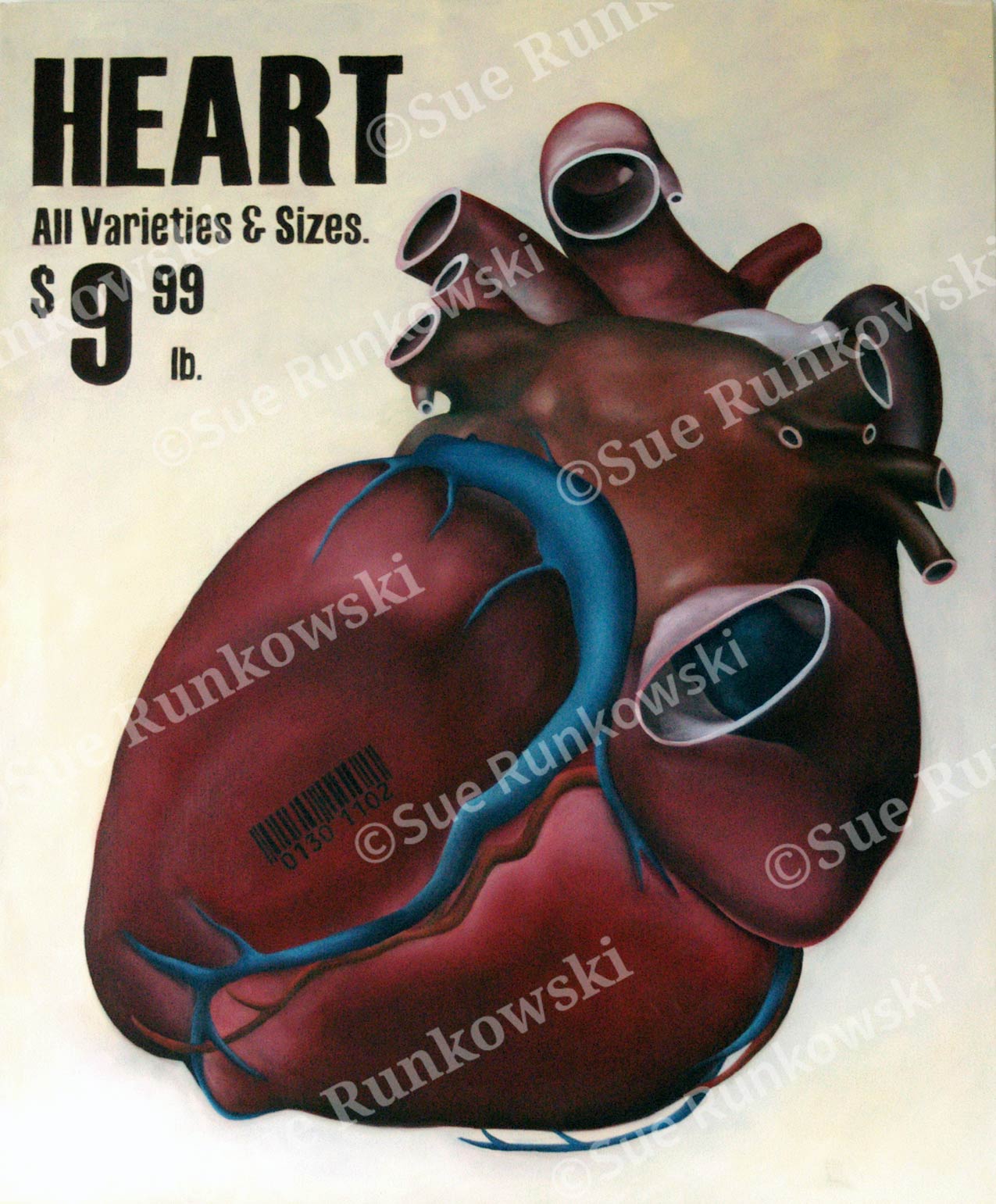 An oil painting of a human heart displayed like a grocery item, with pricing text and barcode, a thought-provoking anatomical artwork.