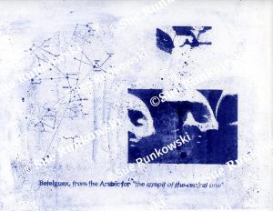 Blue cyanotype artwork combining a constellation diagram, fragmented facial imagery, and text referencing Betelgeuse.
