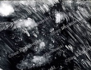 Abstract black-and-white monotype of falling rain through dynamic brushstrokes and layered textures, evoking motion, atmosphere, and mood.