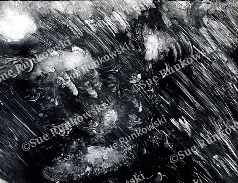 Abstract black-and-white monotype of falling rain through dynamic brushstrokes and layered textures, evoking motion, atmosphere, and mood.