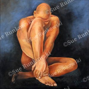 Expressive figurative oil painting depicting a curled, contemplative nude male figure, exploring vulnerability and introspection.