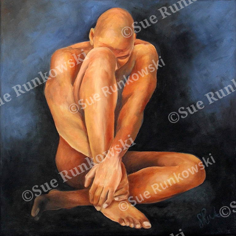 Expressive figurative oil painting depicting a curled, contemplative nude male figure, exploring vulnerability and introspection.