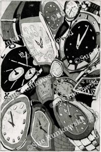 Black-and-white aquatint print with overlapping watches, exploring the passage of time through surreal, expressive composition.