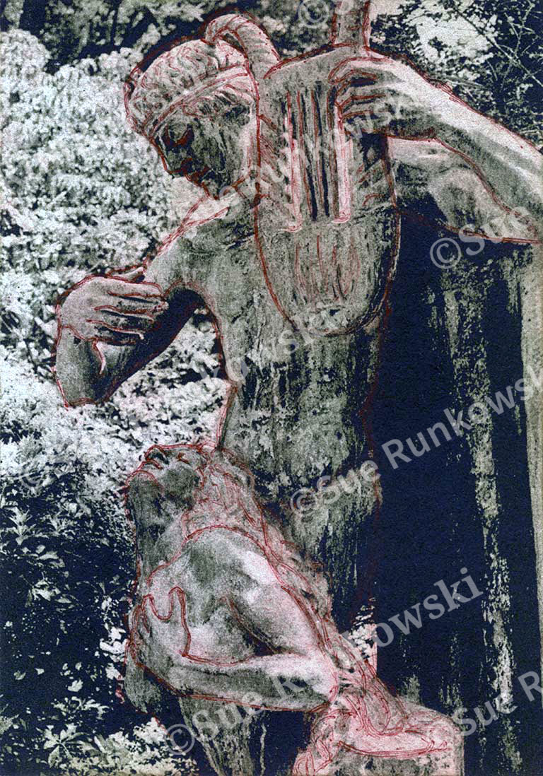 A photo gravure print of intertwined, stone human statues, emotion to explore connection, vulnerability, and intimacy.