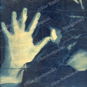 Blue cyanotype artwork featuring a hand and botanical elements preserved in encaustic wax with organic textures and botanical imagery.