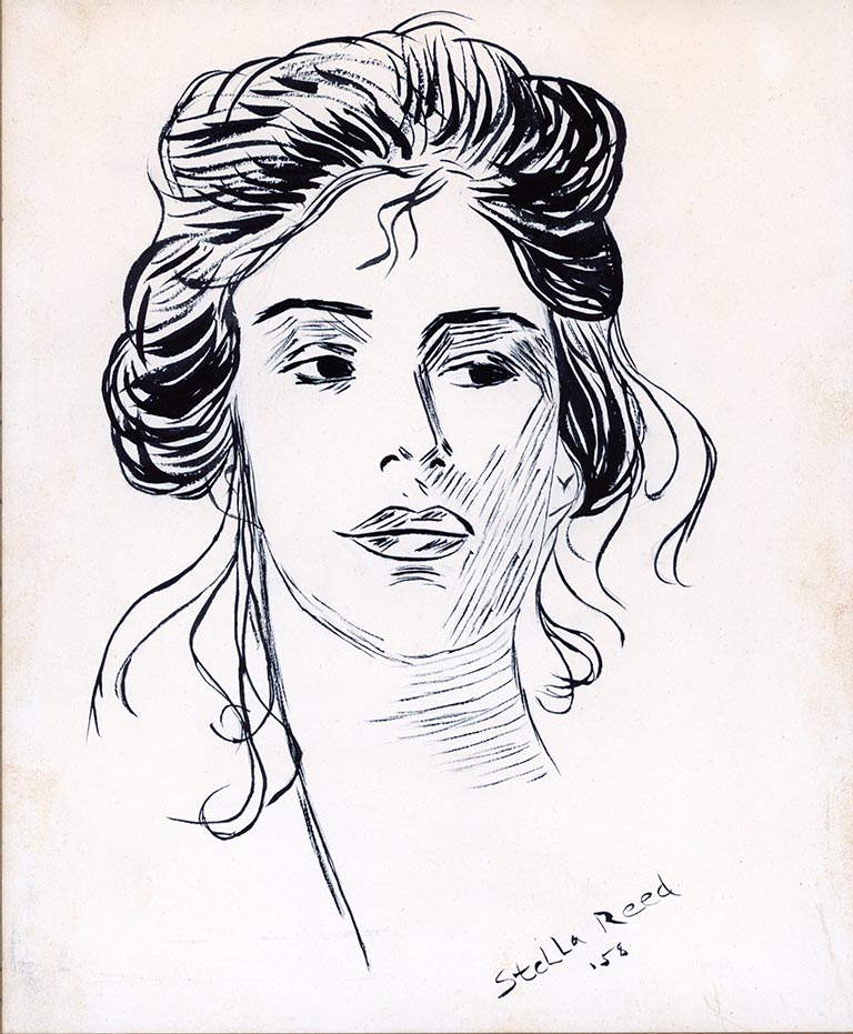 A pen & ink portrait of a young woman in the Gibson Girl style.