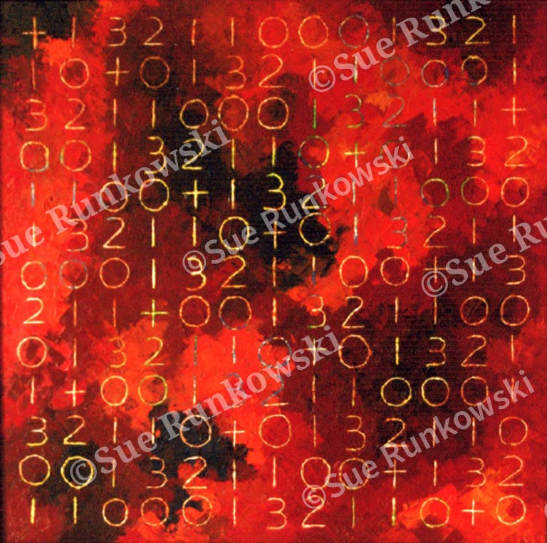 Bold abstract artwork in rich red tones featuring layered numbers and symbols, evoking energy through texture and contrast.