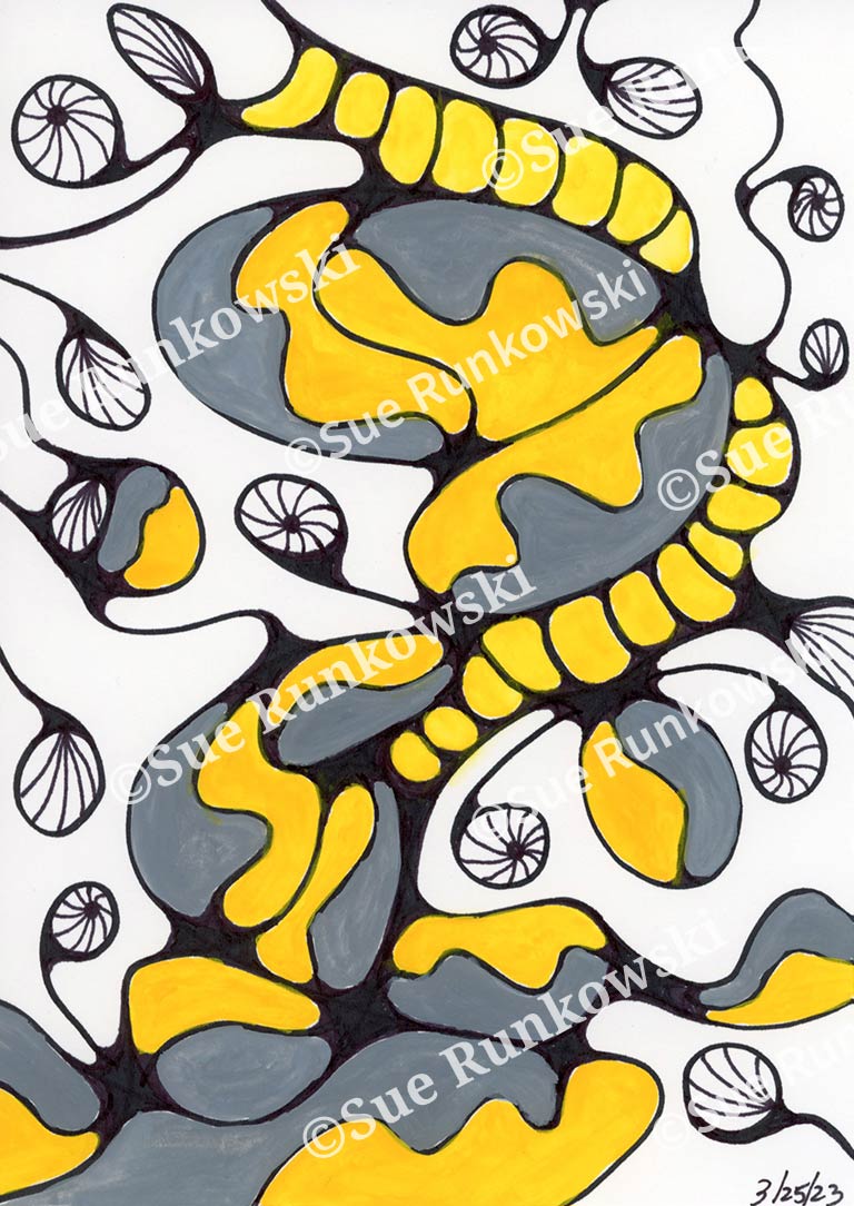 Abstract black, yellow, and gray artwork with bold organic shapes and flowing lines a dynamic composition inspired by nature and movement.