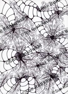 Intricate black-and-white illustration featuring flowing, decorative line work and repeating nature-inspired design patterns.