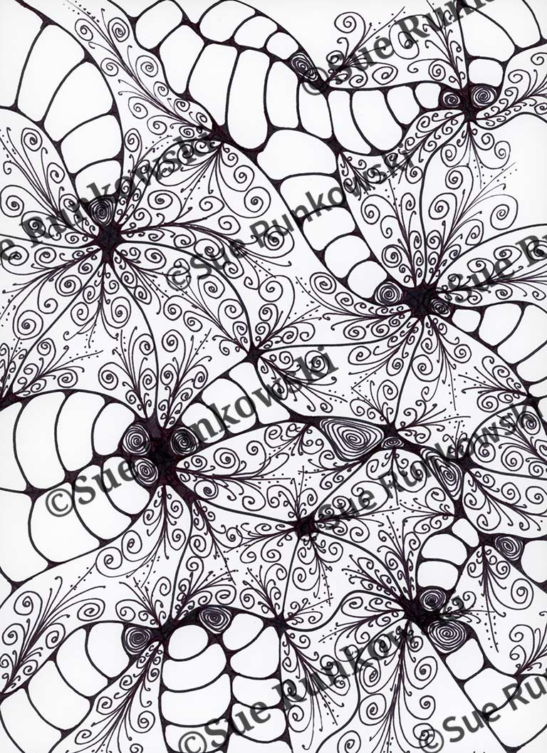 Intricate black-and-white illustration featuring flowing, decorative line work and repeating nature-inspired design patterns.