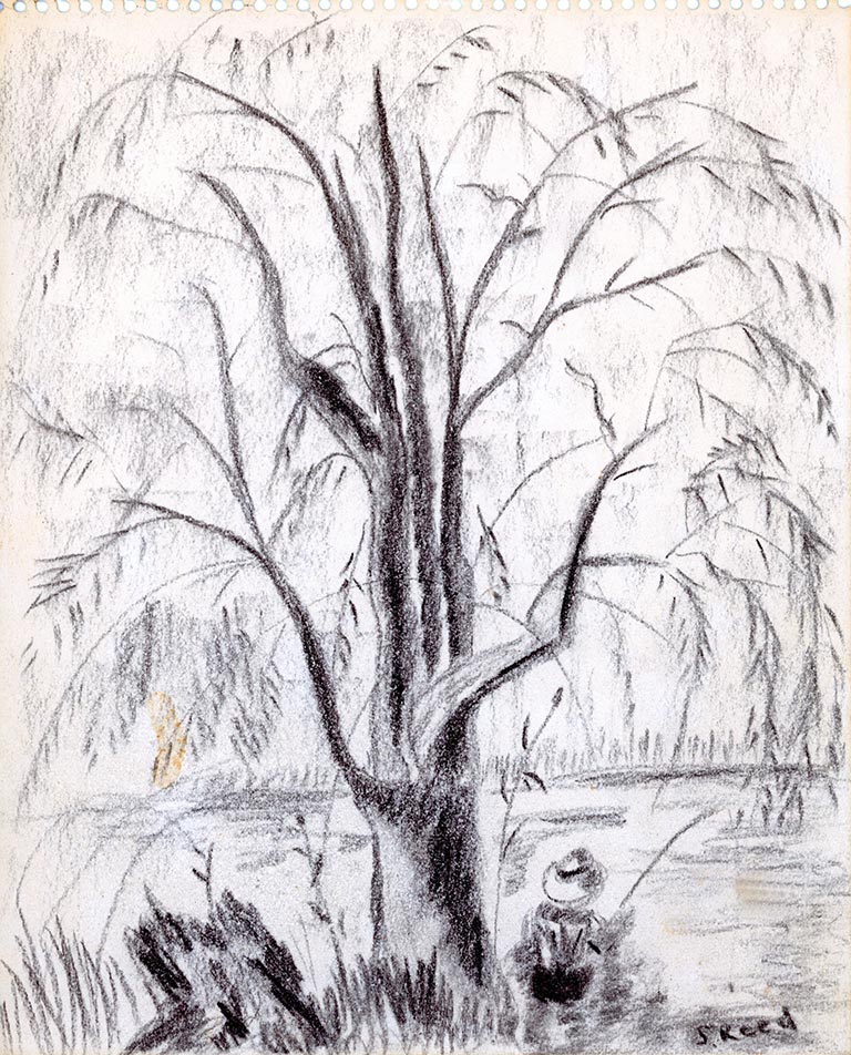 A charcoal pencil sketch of a tree by the river with a child sitting and fishing.