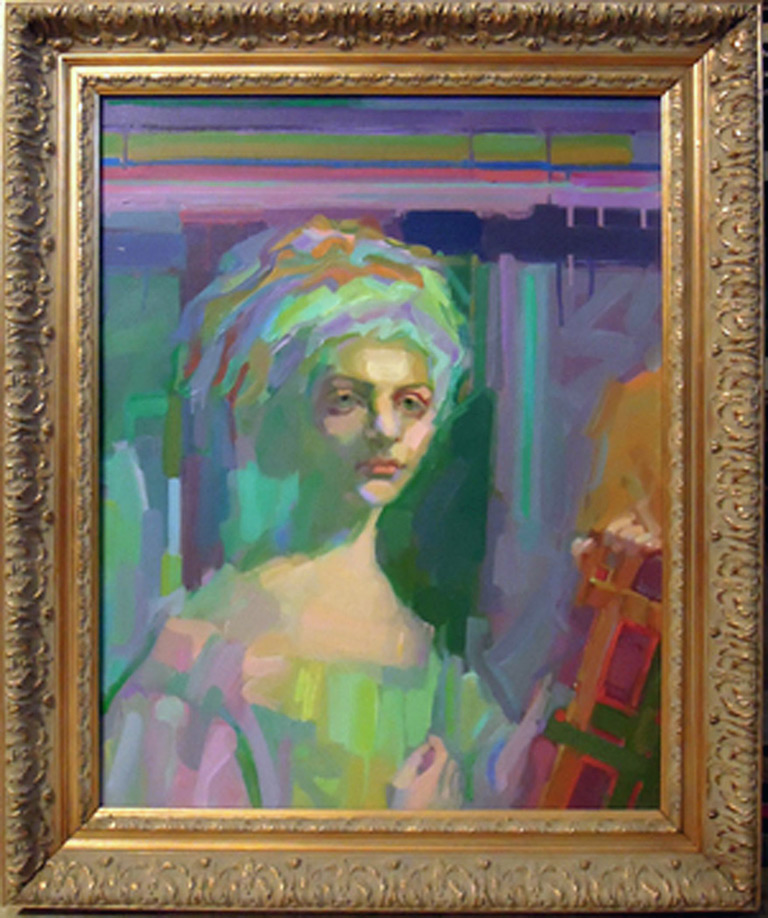 Abstract portrait painting of a woman with towel turban, colorful modern figurative art, expressive brushstrokes, contemporary expressionist portrait, fine art painting with vibrant colors, framed artwork, abstract human figure.