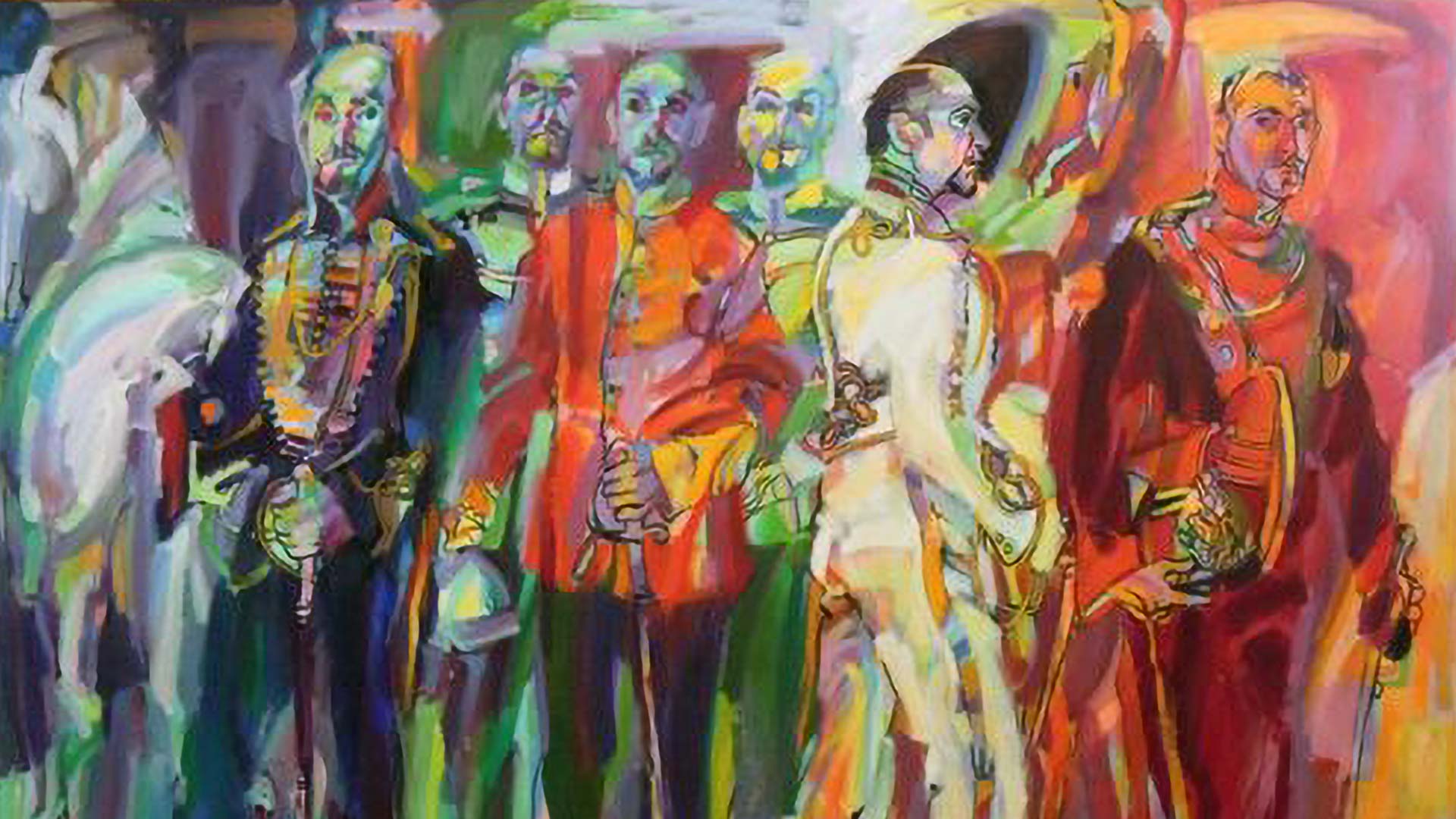 Vincent Maltas abstract expressionist painting of his self portrait with 6 versions, vibrant colorful portrait art, modern figurative artwork, layered brushstrokes, emotional contemporary painting.