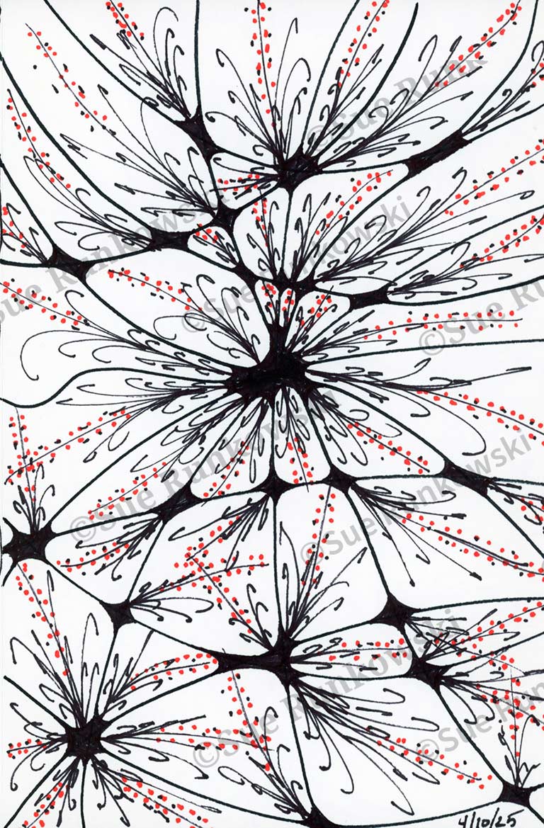 Abstract neuron illustration with red synapse dots, black and white ink drawing of neural network, hand-drawn brain cells and dendrites, artistic neuroscience sketch, interconnected neurons pattern, neural connections diagram, biomorphic line art, synaptic activity visualization, scientific neuron art, abstract organic network, pen and ink artwork on white background.