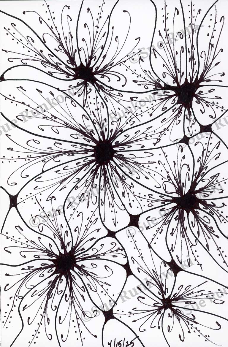 Black ink abstract line art illustration of neurons, neural network drawing, synapse connections, brain cells sketch, neuron dendrites and axons, interconnected neural pathways, organic flower-like neuron shapes, scientific neuroscience illustration, hand-drawn ink pattern on white background, abstract biology art, neural connectivity diagram, brain network artwork.