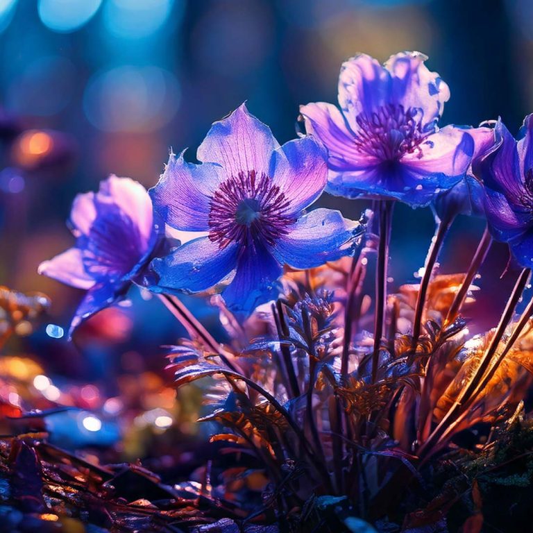Vibrant glowing purple blue anemone flowers in a magical night forest, close-up fantasy wildflowers with luminous petals, bokeh lights, colorful botanical macro photography, mystical woodland flowers, dreamy floral background, enchanted garden nature scene.