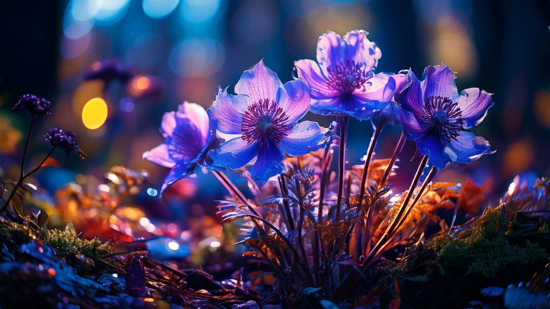 Vibrant glowing purple blue anemone flowers in a magical night forest, close-up fantasy wildflowers with luminous petals, bokeh lights, colorful botanical macro photography, mystical woodland flowers, dreamy floral background, enchanted garden nature scene.