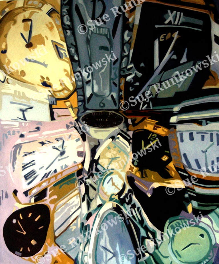 A stylized oil painting showing many overlapping wristwatches arranged in a circular, kaleidoscope-like pattern. The watches vary in shape and color—gold, black, silver, white, and muted pastels—with distorted hands and numerals that suggest movement and compressed time. The composition is dense and abstract, with bold brushstrokes and high contrast.