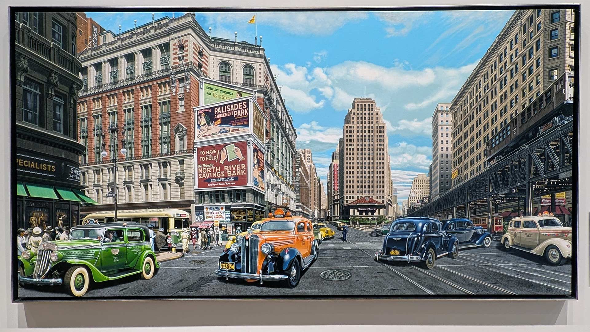 Photo realistic Don Jacot oil painting of Herald Square NYC circa 1936