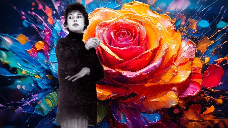 Abstract art image featuring a black-and-white photo of Jay Defeo in front of a vibrant, colorful rose painting, bold impasto texture, expressive paint strokes, modern abstract art, contemporary collage, fine art concept, creative expression, artistic contrast, classic portrait meets abstract painting, colorful floral artwork, art history inspired image, visual art composition, dramatic color splash background.