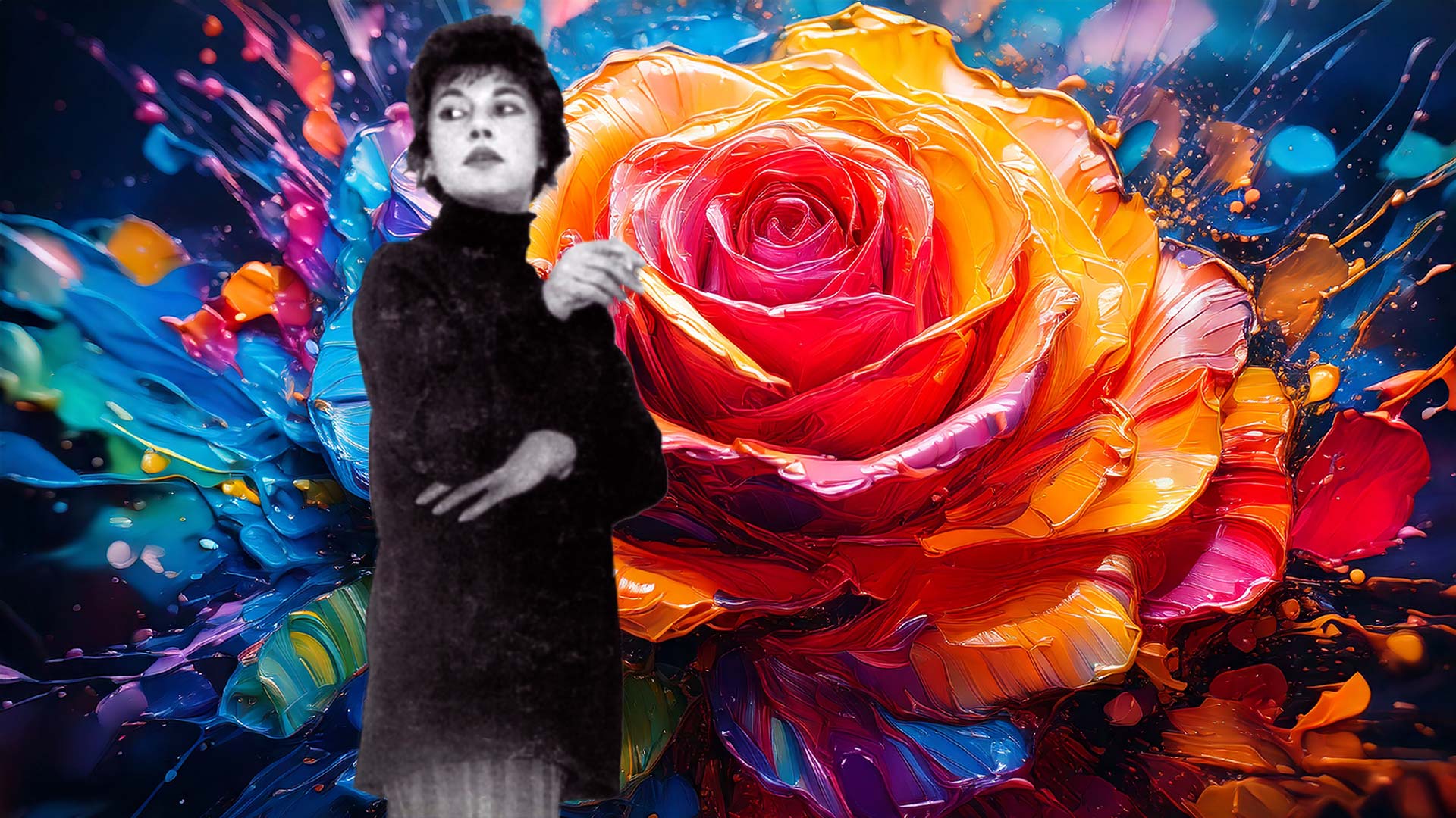 Abstract art image featuring a black-and-white photo of Jay Defeo in front of a vibrant, colorful rose painting, bold impasto texture, expressive paint strokes, modern abstract art, contemporary collage, fine art concept, creative expression, artistic contrast, classic portrait meets abstract painting, colorful floral artwork, art history inspired image, visual art composition, dramatic color splash background.