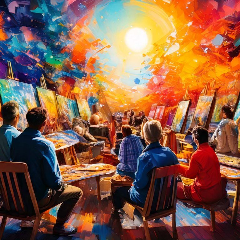Colorful art class with painters at easels, community artists painting abstract canvases in a vibrant studio, creative workshop scene, group art lesson, modern abstract painting, expressive brush strokes, bright colorful artwork, collaborative art studio, contemporary art education, immersive creative environment.