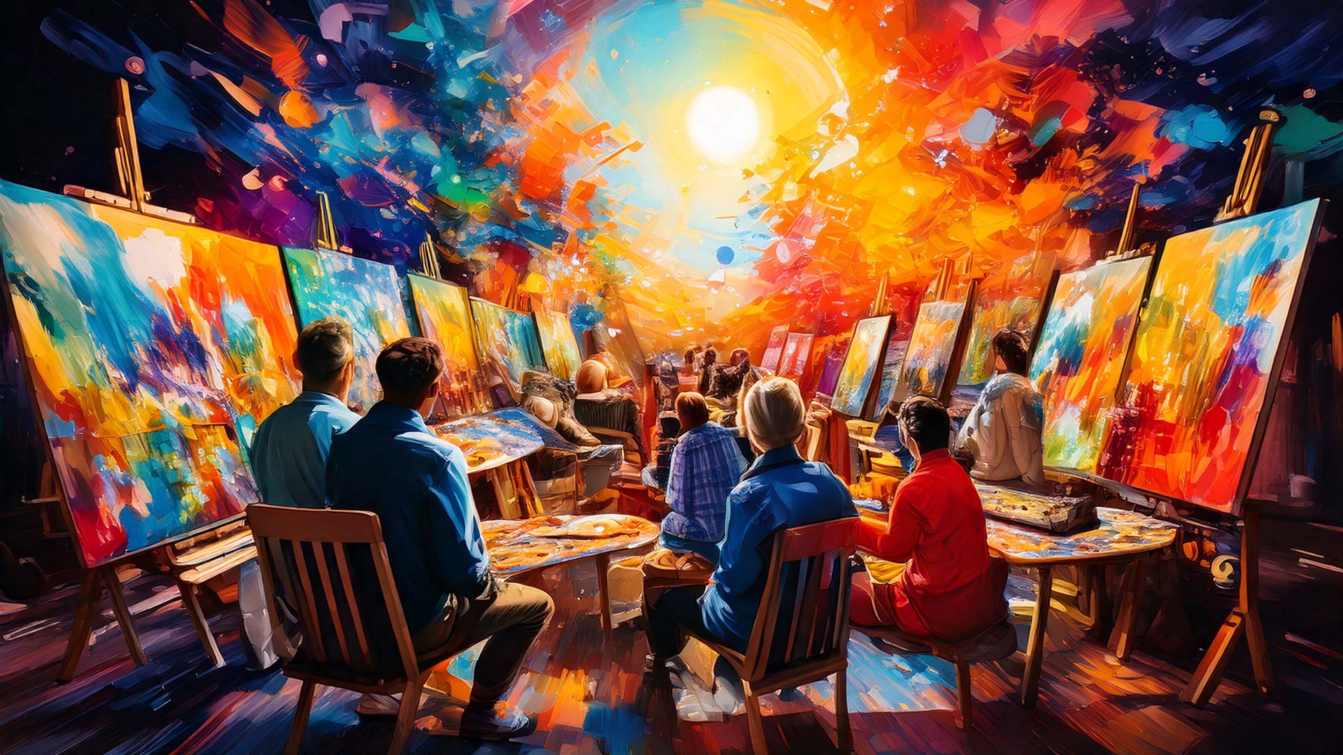 Colorful art class with painters at easels, community artists painting abstract canvases in a vibrant studio, creative workshop scene, group art lesson, modern abstract painting, expressive brush strokes, bright colorful artwork, collaborative art studio, contemporary art education, immersive creative environment.