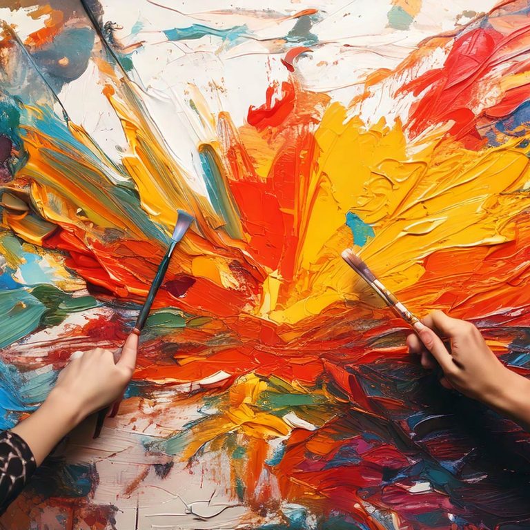 Collaborative abstract painting artwork with two artists painting together on a large canvas, vibrant colorful abstract art, expressive brush strokes, modern abstract painting, creative teamwork, mixed media acrylic paint, bold textures, contemporary art process, artist collaboration, colorful abstract canvas, fine art painting studio scene.