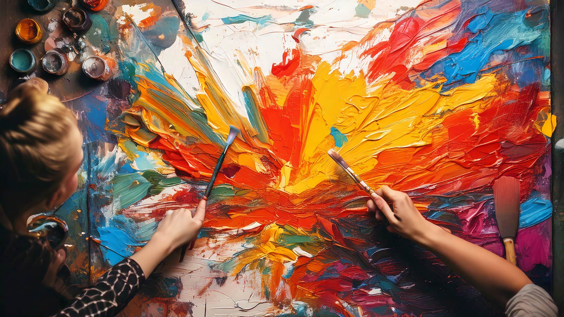 Collaborative abstract painting artwork with two artists painting together on a large canvas, vibrant colorful abstract art, expressive brush strokes, modern abstract painting, creative teamwork, mixed media acrylic paint, bold textures, contemporary art process, artist collaboration, colorful abstract canvas, fine art painting studio scene.