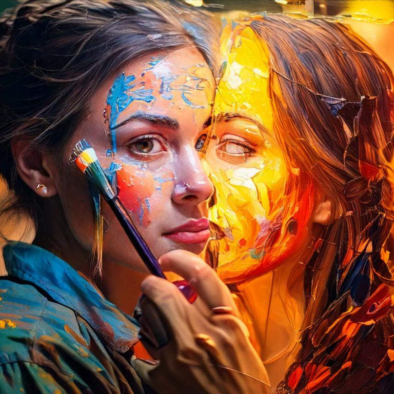 Artist creating a self-portrait painting, expressive painted face with bold colorful brushstrokes, abstract portrait art, contemporary fine art painting, creative self-expression, artist at work with paintbrush, textured acrylic paint, modern portrait artwork, emotional abstract art, artistic identity concept.