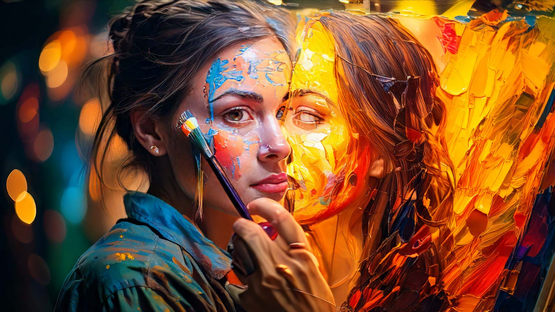 Artist creating a self-portrait painting, expressive painted face with bold colorful brushstrokes, abstract portrait art, contemporary fine art painting, creative self-expression, artist at work with paintbrush, textured acrylic paint, modern portrait artwork, emotional abstract art, artistic identity concept.