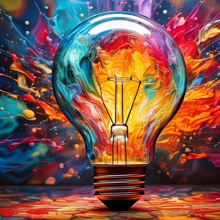 Colorful creativity concept image featuring a glowing light bulb surrounded by vibrant paint splashes, symbolizing creativity, innovation, imagination, artistic inspiration, creative thinking, abstract art, ideas, design inspiration, modern creativity, visual art, colorful concept illustration, innovation concept, imagination and ideas background.