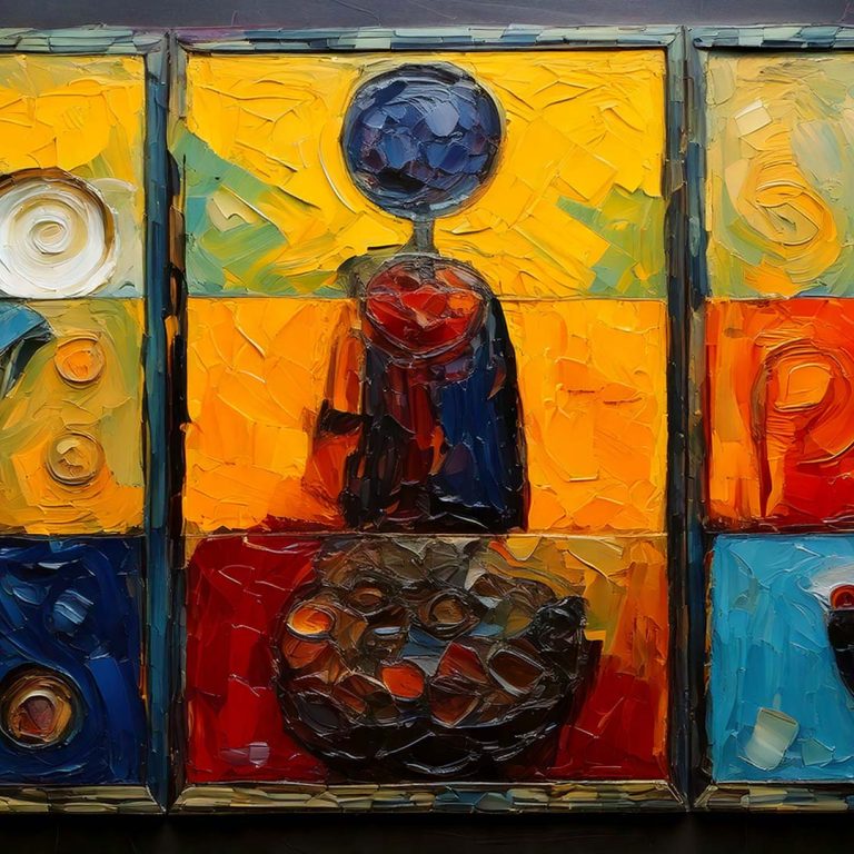 A colorful abstract painting arranged in a grid of nine panels, featuring textured, impasto brushstrokes in the style of the exquisite corpse surrealists game. Each panel shows simplified, human-like figures and floating spheres in bold yellows, blues, reds, and greens, creating a playful, surreal composition.