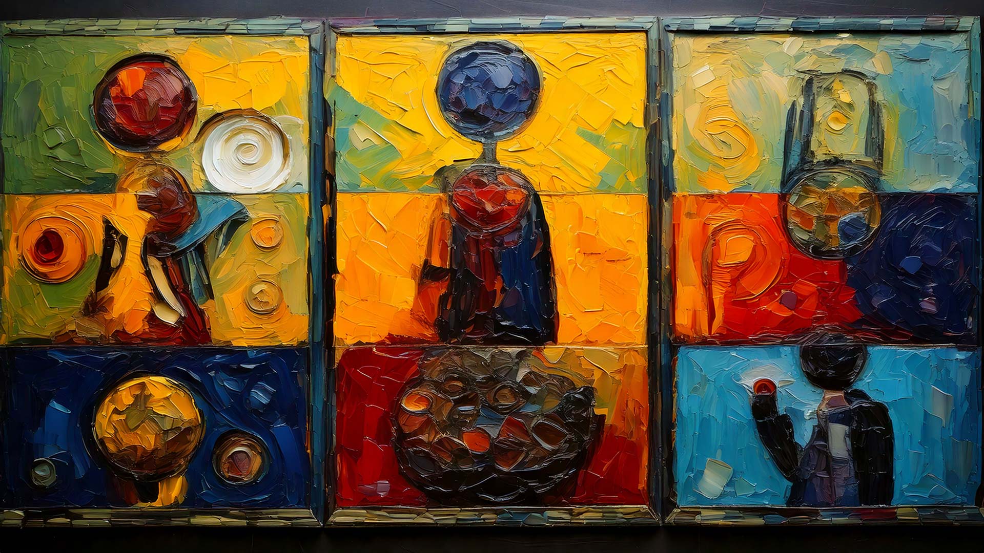 A colorful abstract painting arranged in a grid of nine panels, featuring textured, impasto brushstrokes in the style of the exquisite corpse surrealists game. Each panel shows simplified, human-like figures and floating spheres in bold yellows, blues, reds, and greens, creating a playful, surreal composition.