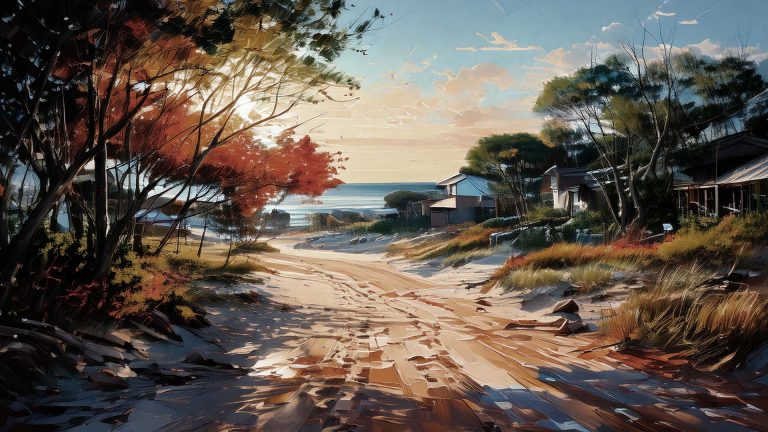 Sunlit coastal path leading to the ocean, beach houses among dunes and trees, painterly seaside landscape, natural light coastal scenery, sandy trail by the sea, tranquil beach village, shoreline vegetation, ocean horizon, scenic coastal artwork, serene seaside environment.