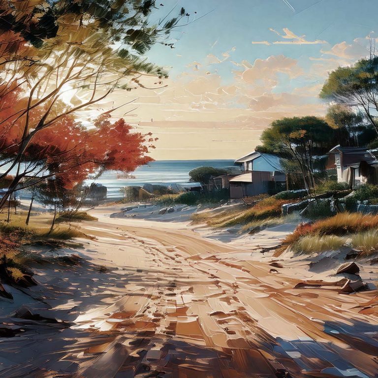 Sunlit coastal path leading to the ocean, beach houses among dunes and trees, painterly seaside landscape, natural light coastal scenery, sandy trail by the sea, tranquil beach village, shoreline vegetation, ocean horizon, scenic coastal artwork, serene seaside environment.