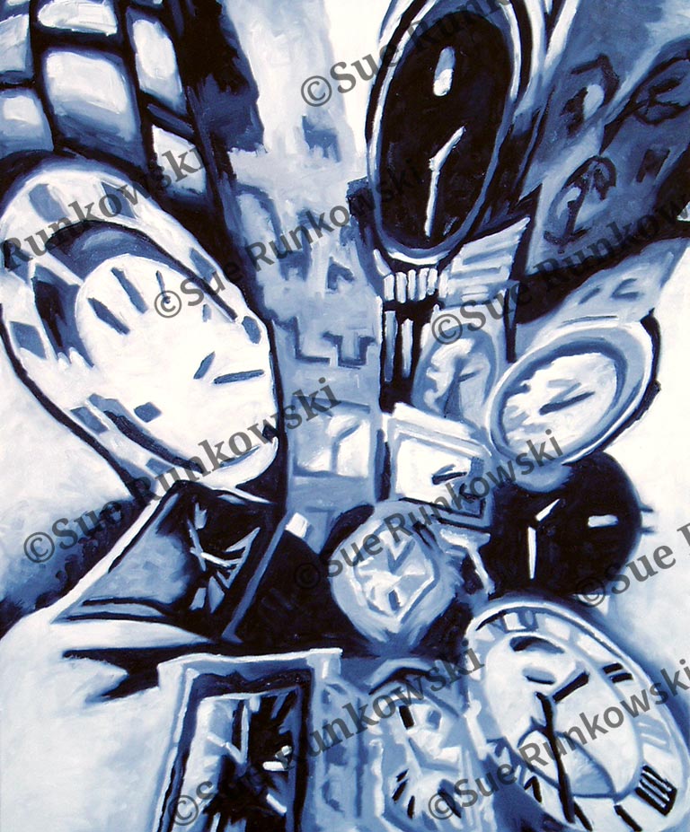 Black-and-white oil painting with overlapping watches, exploring the passage of time through surreal, expressive composition.