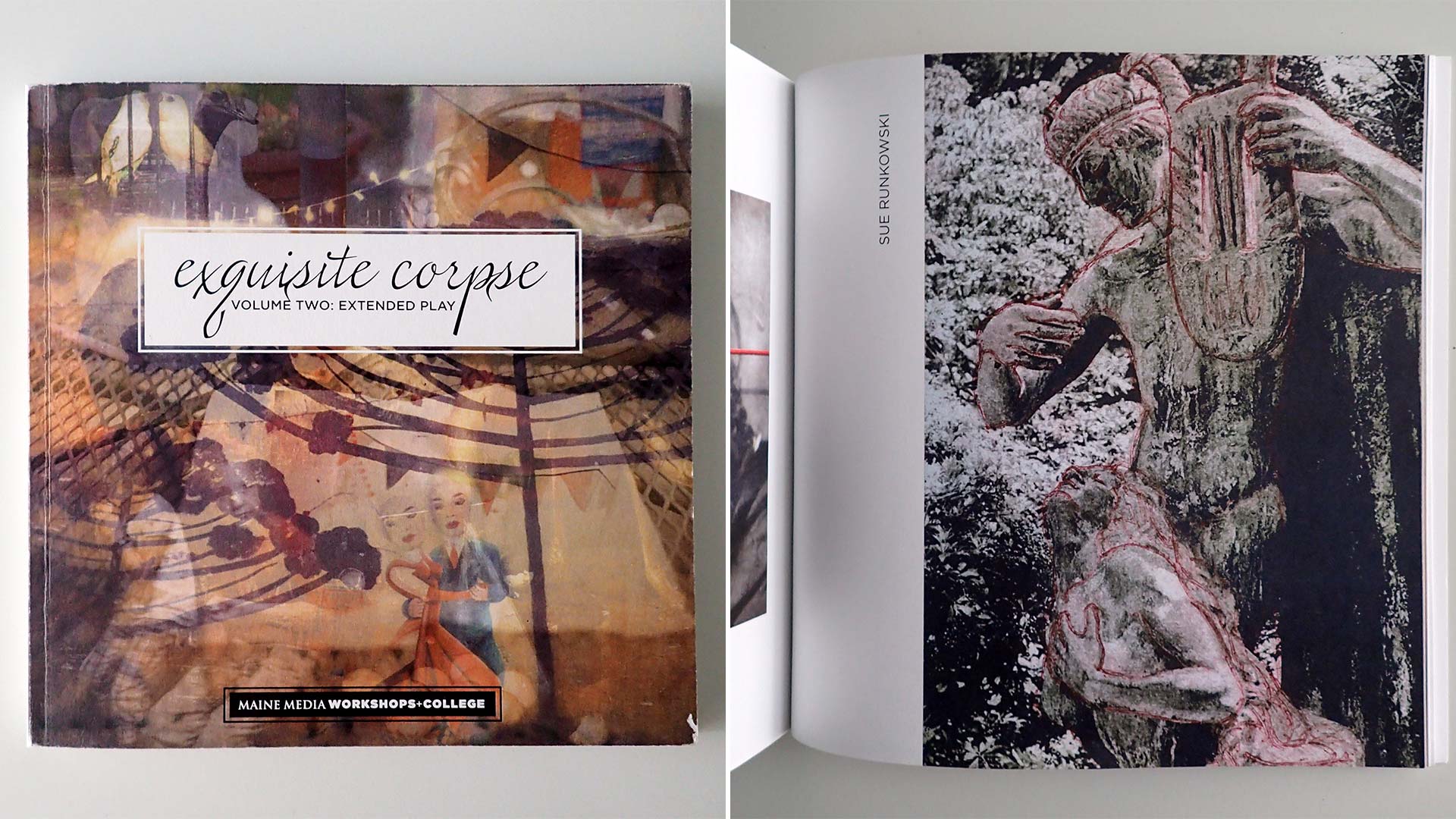 Exquisite Corpse Volume Two Extended Play artist book, collaborative art book cover and page 121 of the Maine Media Workshops College.