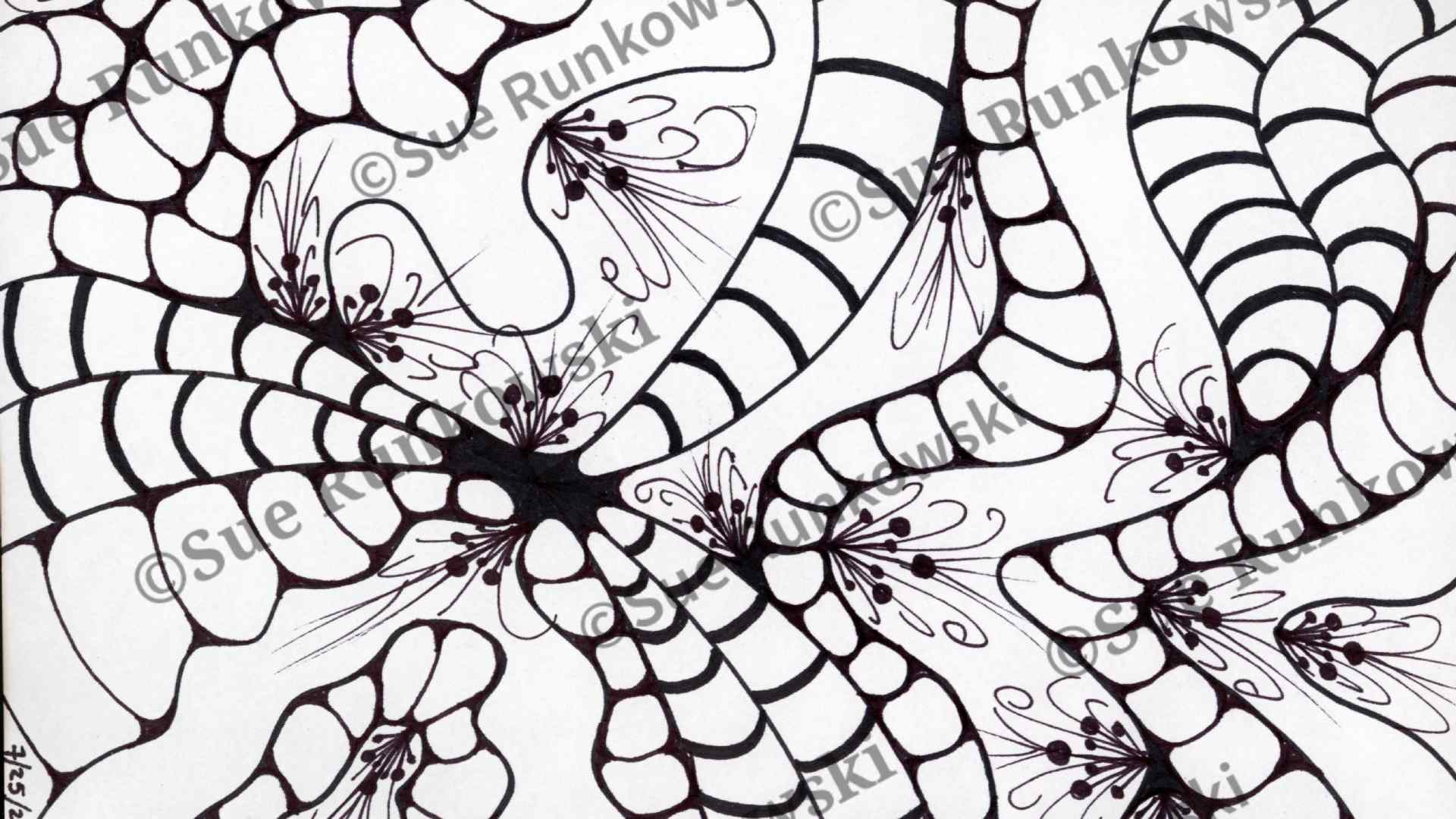 A black and white pen and ink drawing featuring an intricate abstract design with organic, flowing forms. The composition consists of curved, serpentine shapes that weave and intertwine across the image, creating a sense of movement and rhythm. These flowing bands are filled with various patterns including stripes, dots, and cellular or bubble-like textures. Delicate floral elements are scattered throughout, with simple line-drawn flowers that have radiating petals and visible stamens.