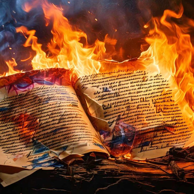 An open book with handwritten pages, representing an artists manifesto, being consumed by bright orange flames against a dark, smoky background.