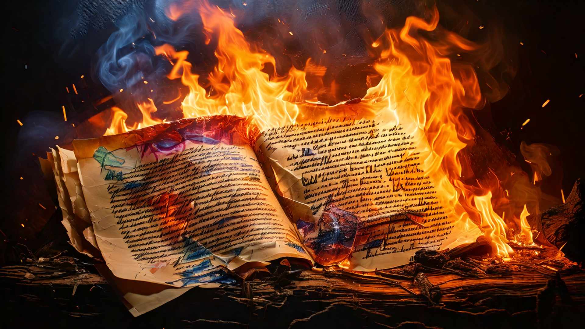 An open book with handwritten pages, representing an artists manifesto, being consumed by bright orange flames against a dark, smoky background.