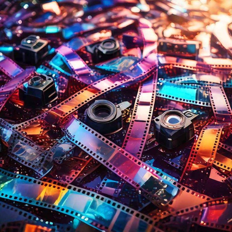 A close-up, colorful scene of tangled 35mm film strips scattered across a surface, interspersed with small camera lenses and components, glowing with vibrant blue, purple, orange, and gold light.