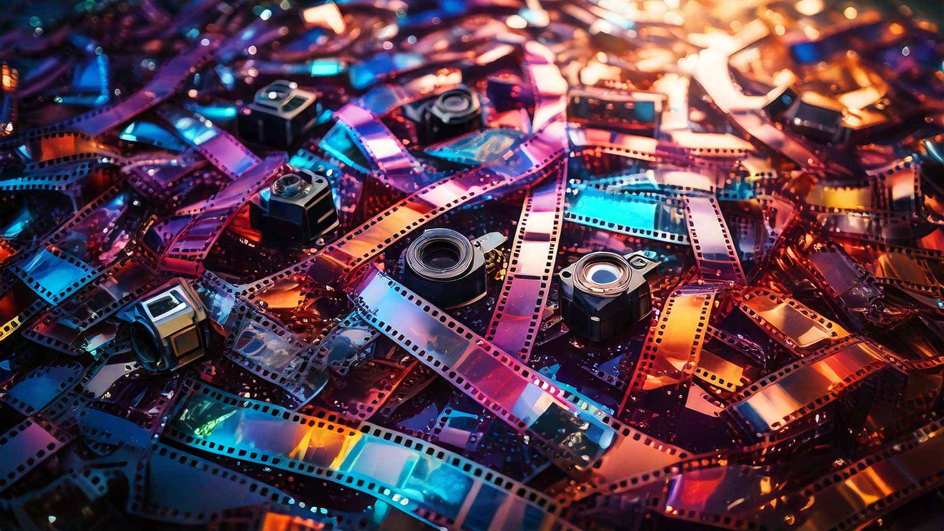 A close-up, colorful scene of tangled 35mm film strips scattered across a surface, interspersed with small camera lenses and components, glowing with vibrant blue, purple, orange, and gold light.