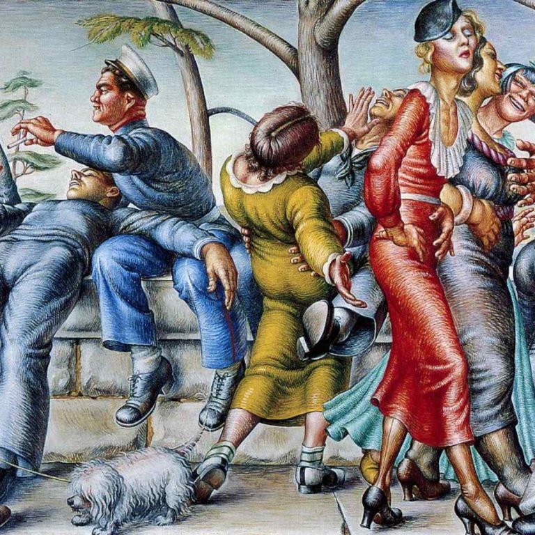 A lively painting depicting sailors and civilians in a chaotic street scene. Men in naval uniforms and women in colorful dresses dance, flirt, and stagger with exaggerated gestures. Some embrace or reach for each other, while a small dog scurries underfoot. The figures are rendered in a stylized, almost caricatured manner, full of energy and tension.
