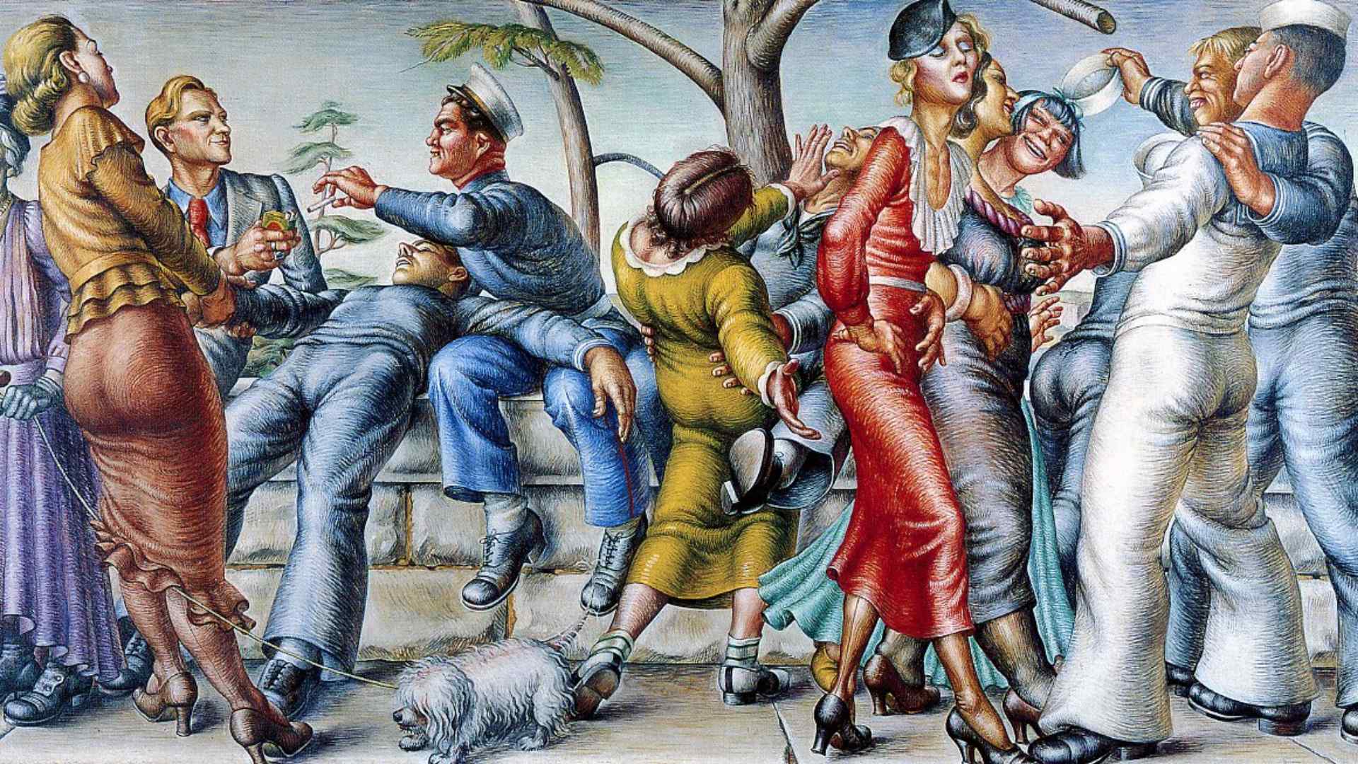 A lively painting depicting sailors and civilians in a chaotic street scene. Men in naval uniforms and women in colorful dresses dance, flirt, and stagger with exaggerated gestures. Some embrace or reach for each other, while a small dog scurries underfoot. The figures are rendered in a stylized, almost caricatured manner, full of energy and tension.